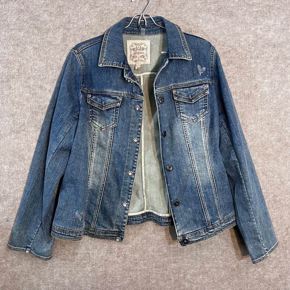 Brighton Denim Trucker Jacket Women Medium Blue Wash Crystal Heart Embroidery